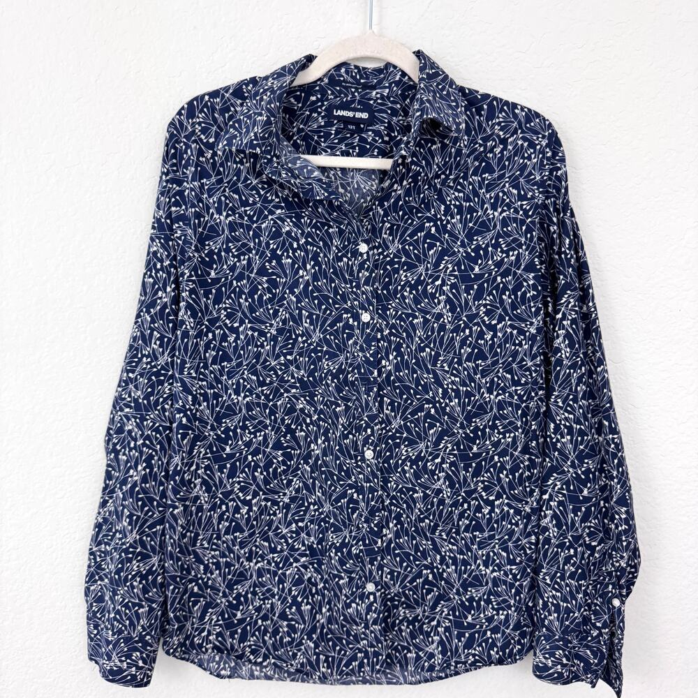 Lands End Womens No Iron Supima Button Shirt Top Size 12 Tall Floral Cotton Blue